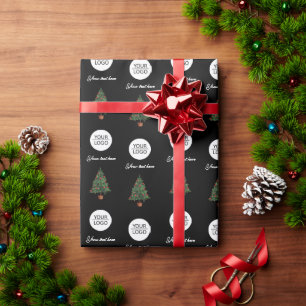 Add your Logo Text Promotion Christmas Tree Black Wrapping Paper