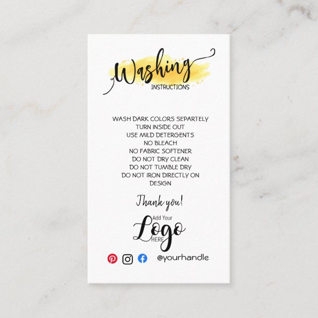 ADD YOUR LOGO washing instructions CARE CARDS (Front)