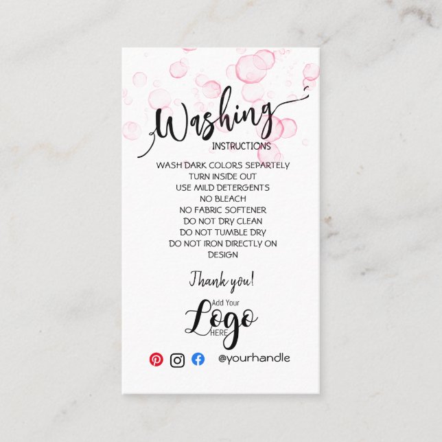 ADD YOUR LOGO washing instructions CARE CARDS (Front)