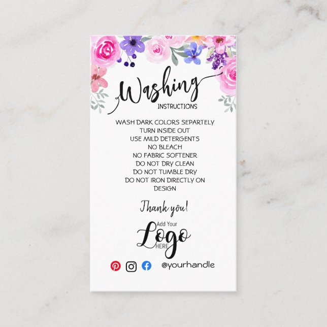 ADD YOUR LOGO washing instructions CARE CARDS (Front)