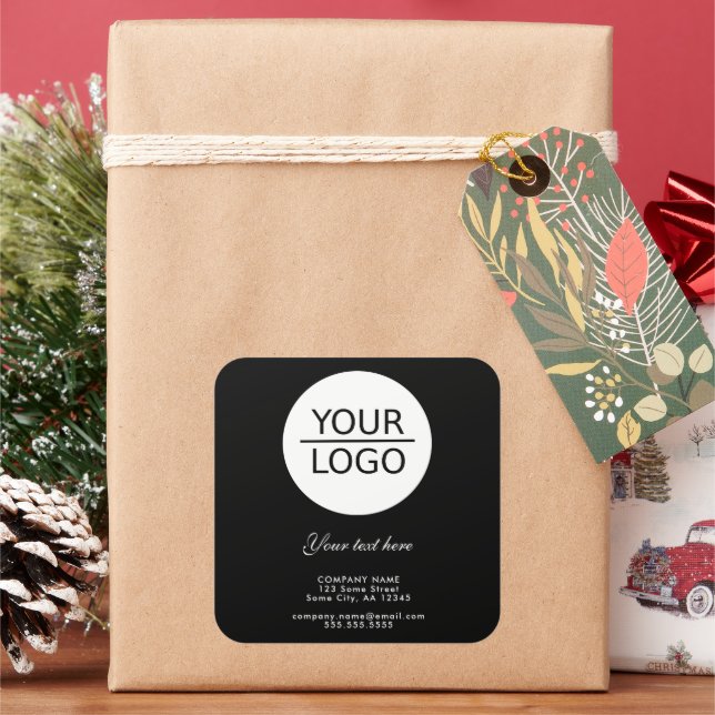 Add your Logo with Custom Text Promotion Black Square Sticker (Holiday)