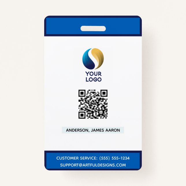 Add Your  Logo with QR Code Blue Corporate Badge (Front)