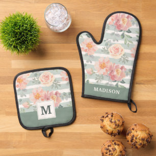 Add Your Monogram   Alicia Rose Stripe Pattern Oven Mitt & Pot Holder Set