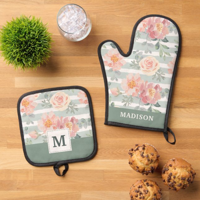 Add Your Monogram | Alicia Rose Stripe Pattern Oven Mitt & Pot Holder Set (Top Down)
