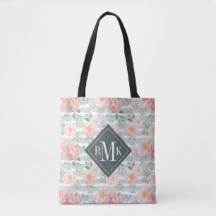 Add Your Monogram Alicia Rose Stripe Pattern Tote Bag