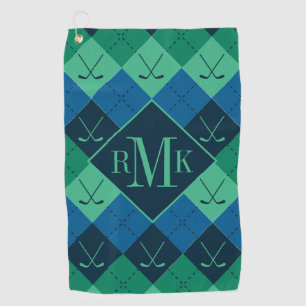 Add Your Monogram   Blue & Green Argyle Pattern Golf Towel