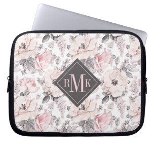 Add Your Monogram Classic Pink & Grey Pattern Laptop Sleeve