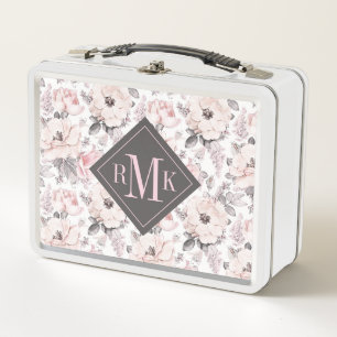 Add Your Monogram   Classic Pink & Grey Pattern Metal Lunch Box