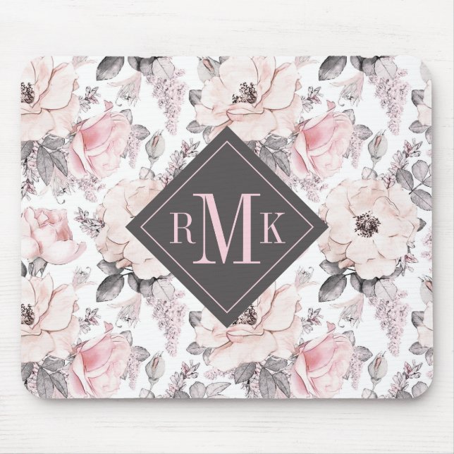 Add Your Monogram | Classic Pink & Grey Pattern Mouse Pad (Front)