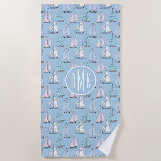 Add Your Monogram | Cute Sailboat Pattern Beach Towel (Front)