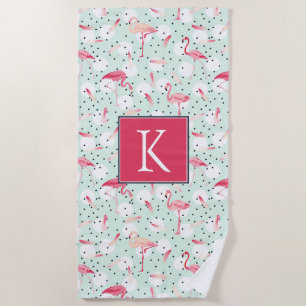 Add Your Monogram   Flamingo Bird With Feathers Beach Towel