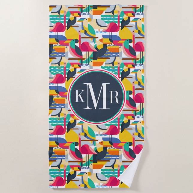 Add Your Monogram | Geometric Tropical Birds Beach Towel (Front)