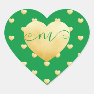 Add Your Monogram Gold Heart on Green Sticker