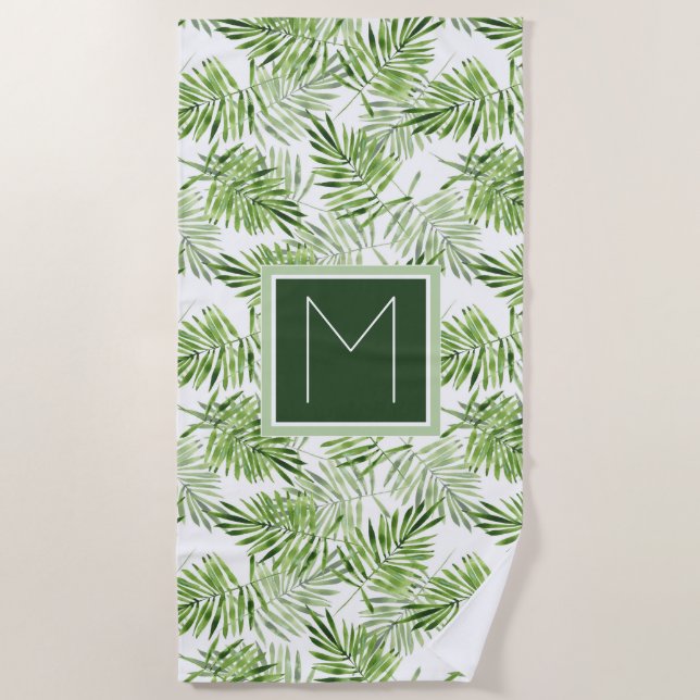 Add Your Monogram | Green Palm Leaves Beach Towel (Front)