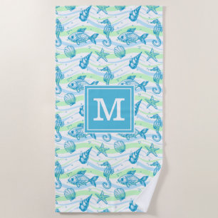 Add Your Monogram Marine Sketch Pattern Beach Towel