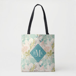 Add Your Monogram   Modern Floral Pattern Tote Bag