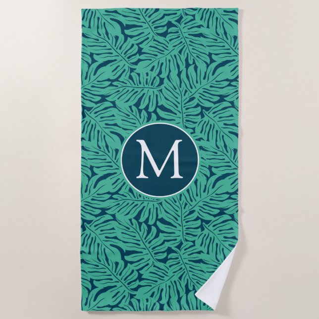 Add Your Monogram | Monstera Tropical Leaf Pattern Beach Towel (Front)