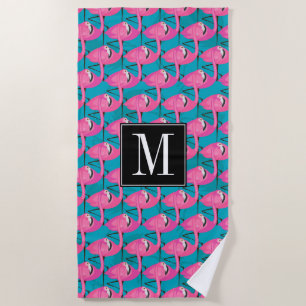 Add Your Monogram Neon Flamingos Beach Towel