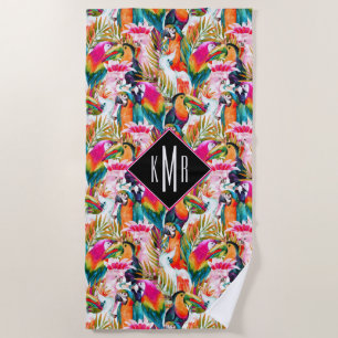 Add Your Monogram   Parrots & Palm Leaves Beach Towel