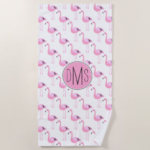 Add Your Monogram   Pink Flamingos Beach Towel