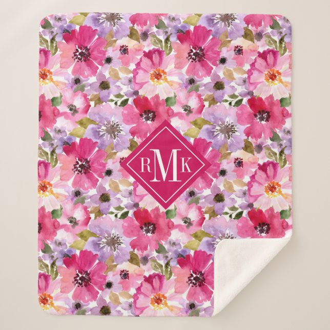 Add Your Monogram | Summer Watercolor Floral Sherpa Blanket (Front)
