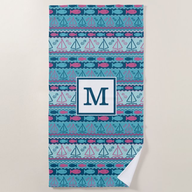 Add Your Monogram | Super Fun Fish And Sailboat Beach Towel (Front)