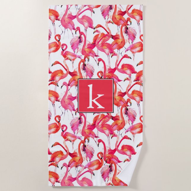 Add Your Monogram | Watercolor Flamingos Beach Towel (Front)