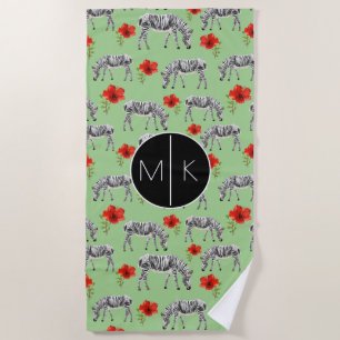 Add Your Monogram   Zebras Among Hibiscus Flowers Beach Towel