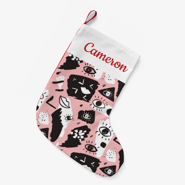 Add Your Name | Abstract Modern Eye & Lips Pattern Small Christmas Stocking (Front (Hanging))