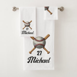 Add Your Name And Number Baseball Crossed Bats     Bath Towel Set