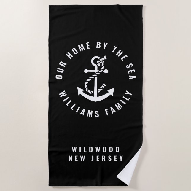Add Your Name & Beach | Nautical Anchor Beach Towel (Front)
