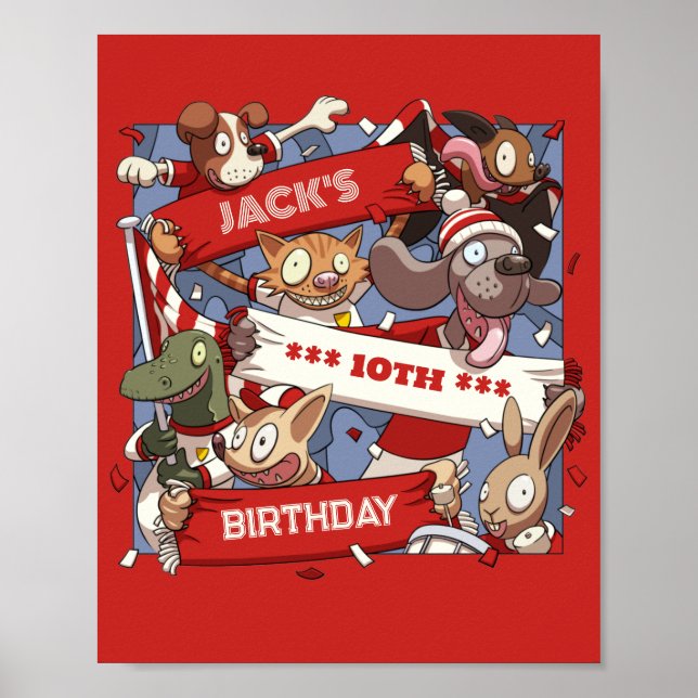 Add Your Name Birthday Party Animal Fans Cartoon Poster (Front)