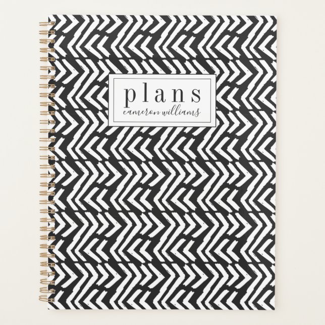 Add Your Name | Black Hand Drawn Chevron Pattern Planner (Front)