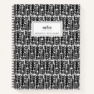 Add Your Name Black Ink Stroke Tree Pattern Notebook