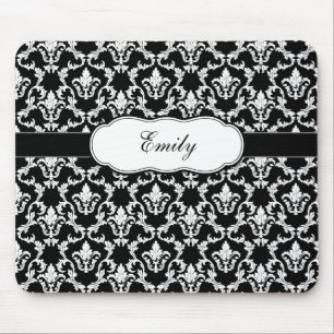 Add Your Name Black on White Damask Mousepad