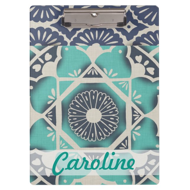 Add Your Name | Blue Batik Tile II Clipboard (Front)
