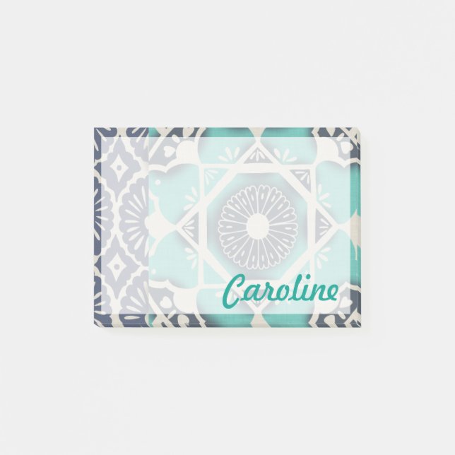 Add Your Name | Blue Batik Tile II Post-it Notes (Front)