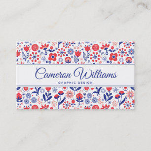 Add Your Name Blue & Coral Floral Pattern Business Card