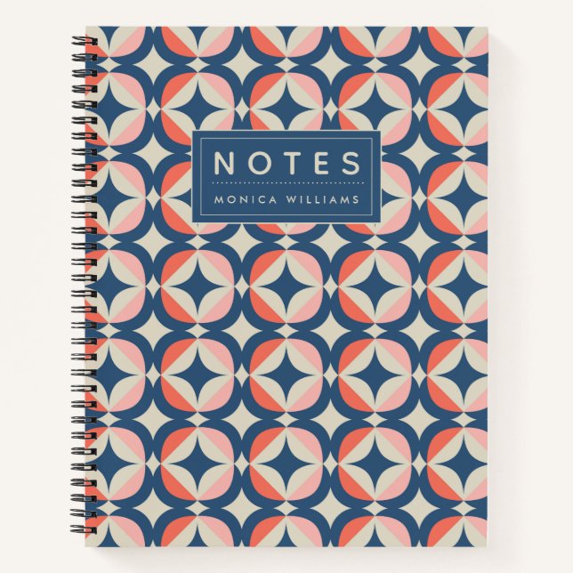 Add Your Name | Blue & Coral Geometric Pattern Notebook (Front)