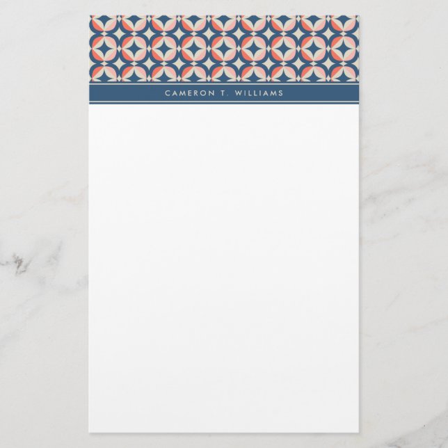 Add Your Name | Blue & Coral Geometric Pattern Stationery (Front)