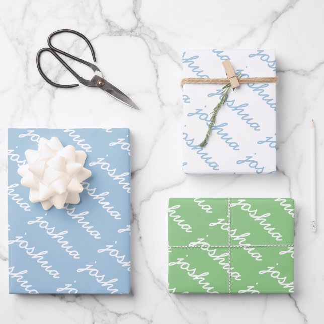 Add-Your-Name Blue | Green  Cursive Name  Wrapping Paper Sheet (Front)
