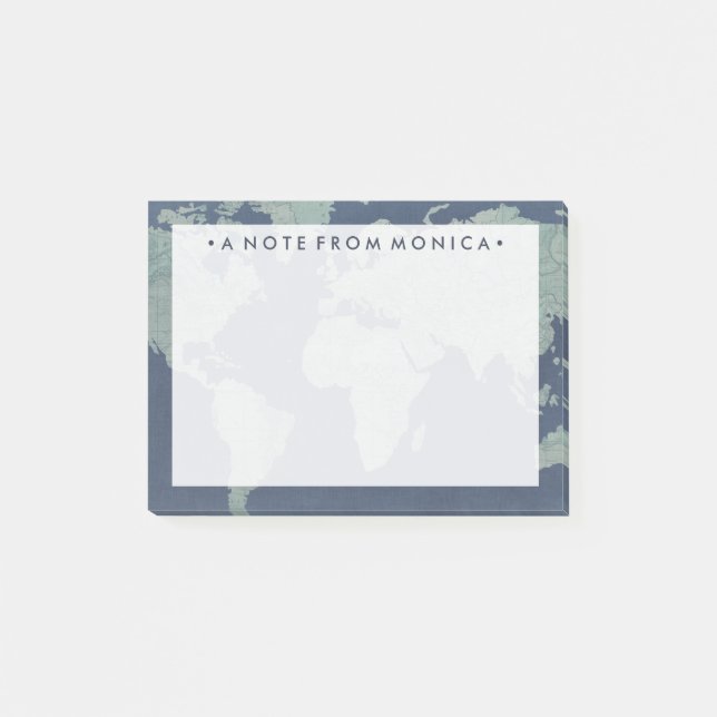 Add Your Name | Blue Linen World Map Post-it Notes (Front)