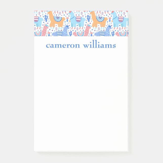 Add Your Name | Bright Colourful Alpaca Pattern Post-it Notes (Front)