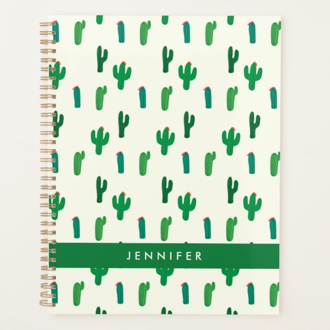 Add Your Name | Bright Green Cactus Pattern Planner (Front)