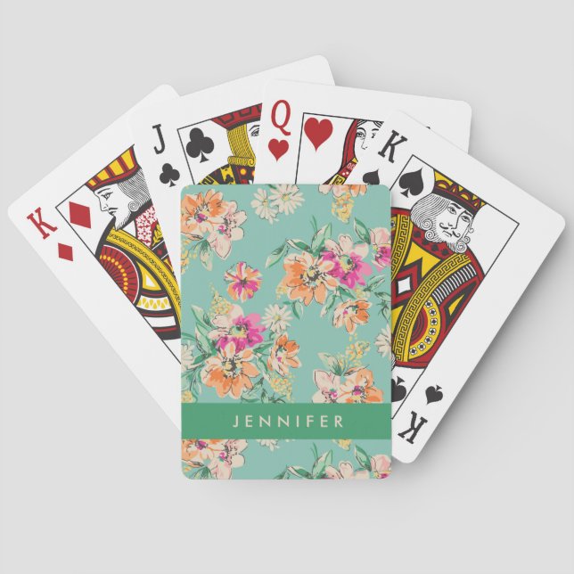 Add Your Name | Bright Sketch Floral Pattern Playing Cards (Back)