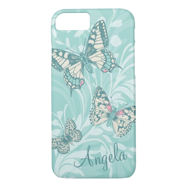 Add your name butterflies floral teal iphone case (Back)