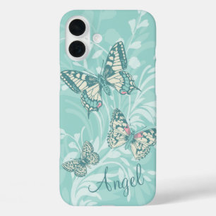 Add your name butterflies floral teal iphone case