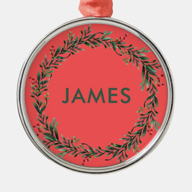 Add Your Name Christmas Wreath Personalised Metal Ornament (Front)