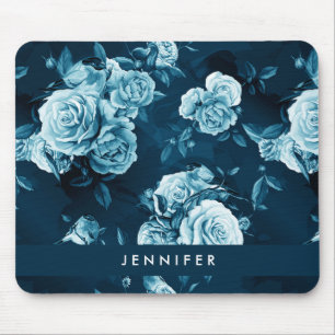 Add Your Name Classic Blue Rose Pattern Mouse Pad