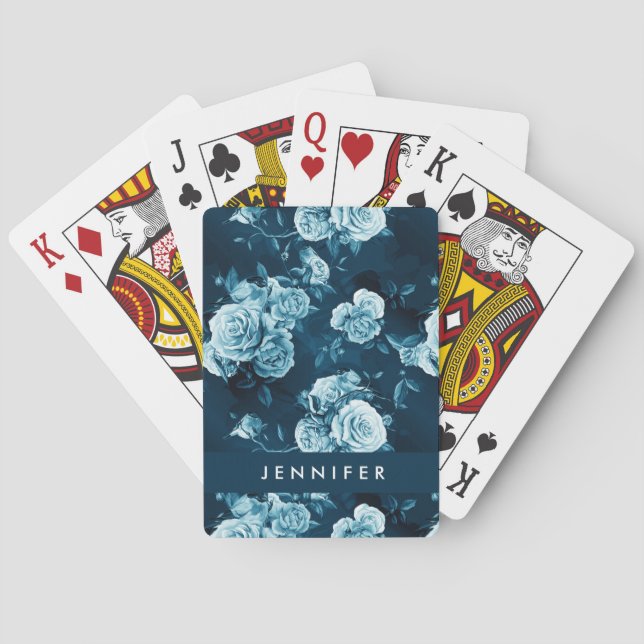 Add Your Name | Classic Blue Rose Pattern Playing Cards (Back)
